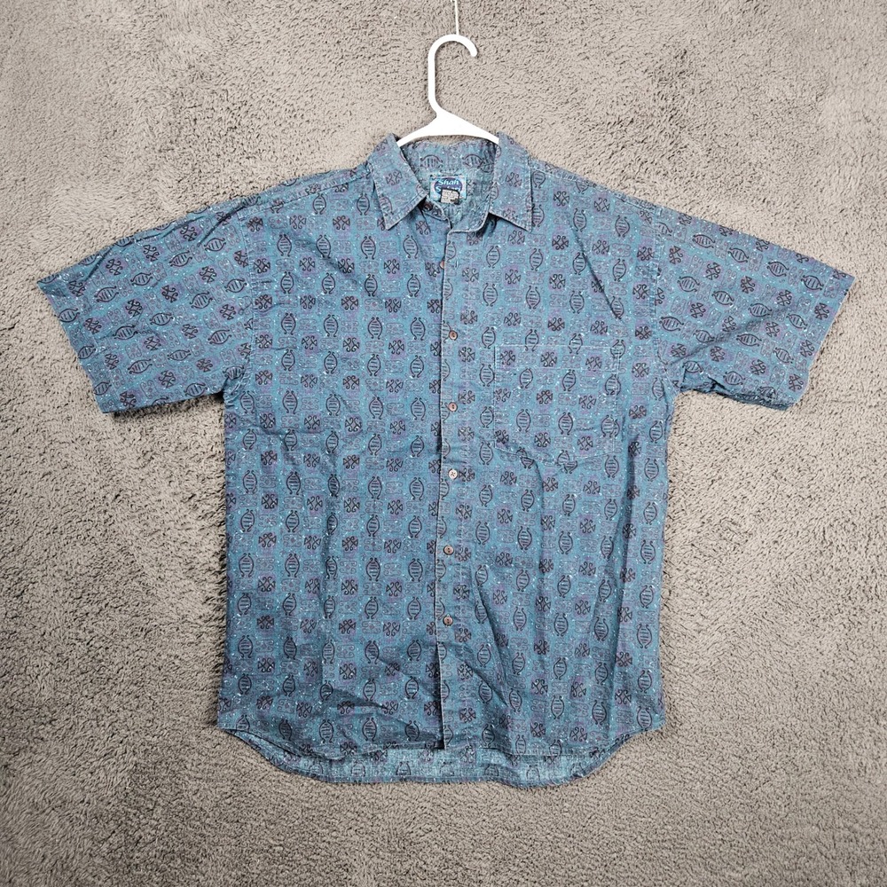 Shah Safari Mens Medium Short Sleeve Button Down Shirt Blue Purple Geometric DNA